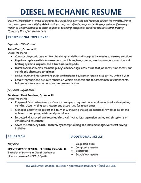 Diesel mechanic resume format